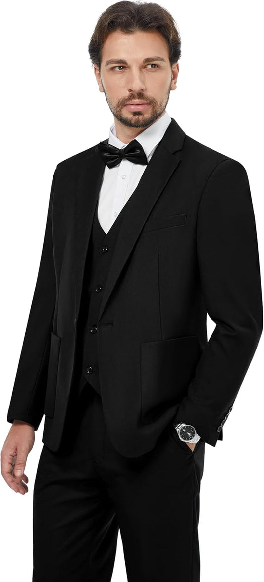 Mens Tuxedo Suit Set 3 Piece Slim Fit Suits Wedding Prom Suits Patch Pockets Blazer Vest Pants Set with Bow Tie