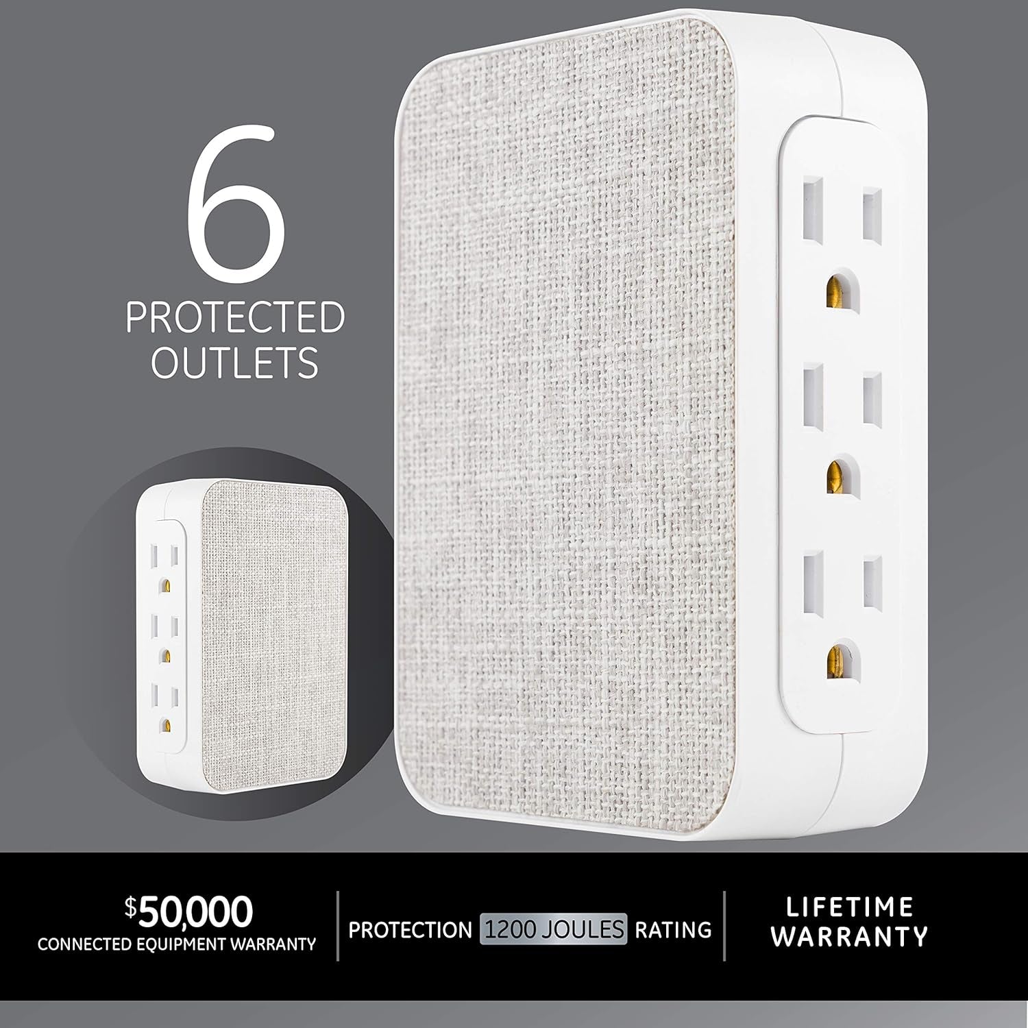 6-Outlet Extender Sur Protector 2 Pack, Side Access, 1200 Joules, Wall Tap Adapter, 3-Prong, UL Listed, Gray Fabric, 56213