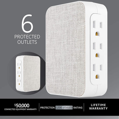 6-Outlet Extender Sur Protector 2 Pack, Side Access, 1200 Joules, Wall Tap Adapter, 3-Prong, UL Listed, Gray Fabric, 56213