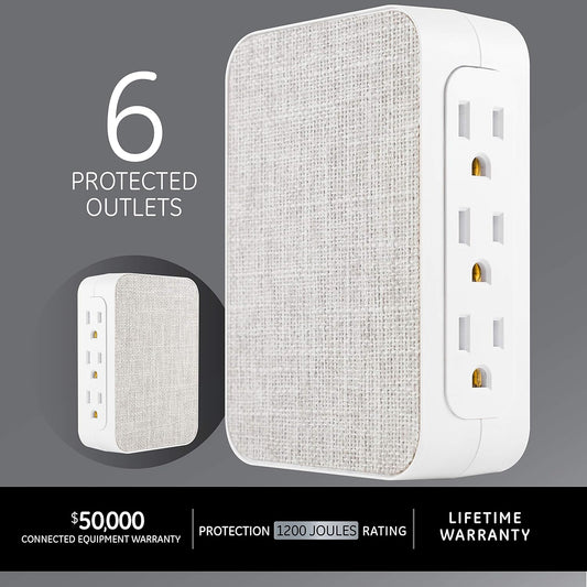 6-Outlet Extender Sur Protector 2 Pack, Side Access, 1200 Joules, Wall Tap Adapter, 3-Prong, UL Listed, Gray Fabric, 56213