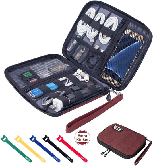 Travel Cable Organizer Bag Waterproof Portable Electronic Accessories Organizer for USB Cable Cord Phone Charger Headset Wire SD Card with 5Pcs Cable Ties(Red)