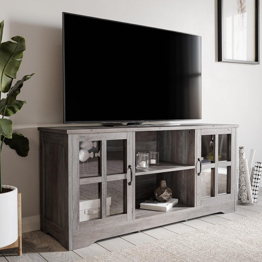Modern 52 Inch Traditional TV Stand & Media Entertainment Center Console Table for Tvs up to 55 Inch or Sideboard Buffet with Wood Glass Storage Cabinets - Cori (Gray Wash)