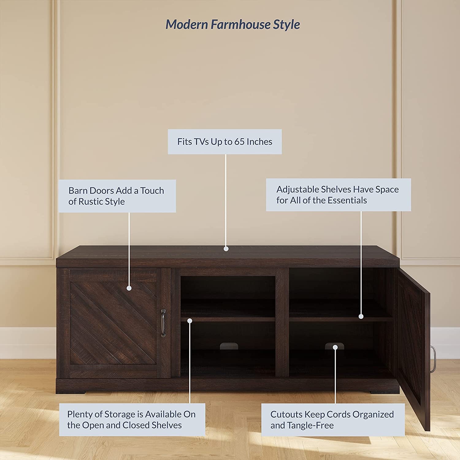 Modern 58 Inch Farmhouse TV Stand & Media Entertainment Center Console Table for Tvs up to 65 Inch with Two Shelves and Storage Cabinets - Hilo (Espresso)