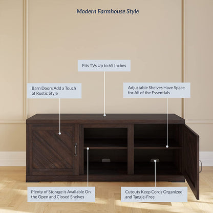 Modern 58 Inch Farmhouse TV Stand & Media Entertainment Center Console Table for Tvs up to 65 Inch with Two Shelves and Storage Cabinets - Hilo (Espresso)