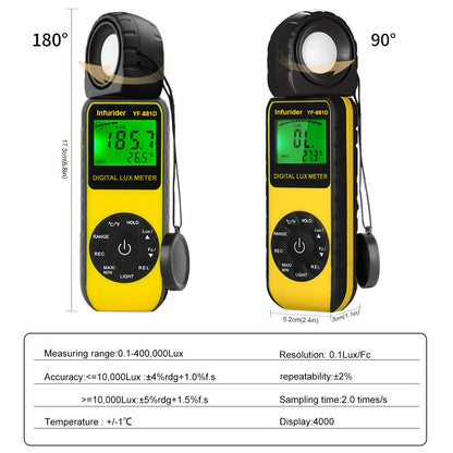 Light Meter Lux Meter YF-881D, Digital Illuminance Meter with Ambient Temp and Lighting Measures to 400,000 Lux, Foot Candle Meter Photometer for Photography LED Plant Growing