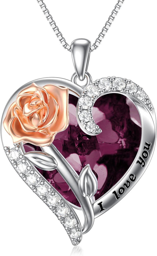 Rose Flower Birthstone Necklace 925 Sterling Silver Heart Crystal Pendant I Love You Jewelry Anniversary Birthday Mothers Day Gifts for Her Mom Wife Girlfriend