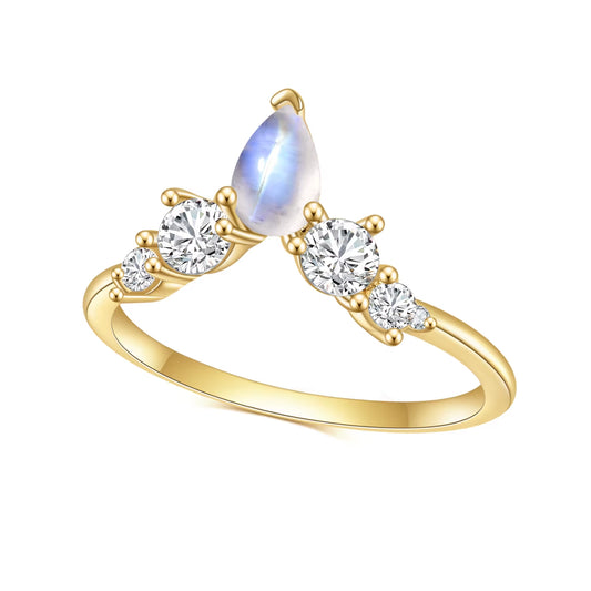 June Birthstone Natural Rainbow Moonstone Wedding Band Rings 925 Sterling Silver V Shape Chevron Gold Ring