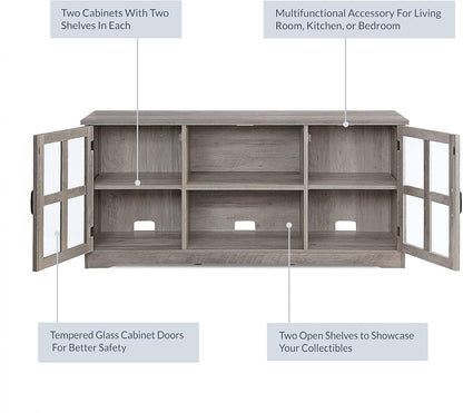 Modern 52 Inch Traditional TV Stand & Media Entertainment Center Console Table for Tvs up to 55 Inch or Sideboard Buffet with Wood Glass Storage Cabinets - Cori (Gray Wash)