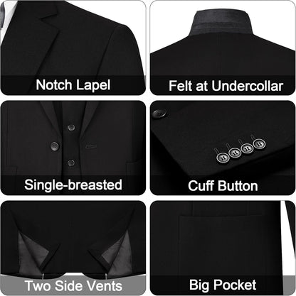 Mens Tuxedo Suit Set 3 Piece Slim Fit Suits Wedding Prom Suits Patch Pockets Blazer Vest Pants Set with Bow Tie