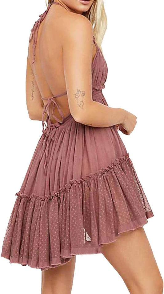 Womens Summer Halter Deep V Neck Sexy Patchwork Mini Short Dresses
