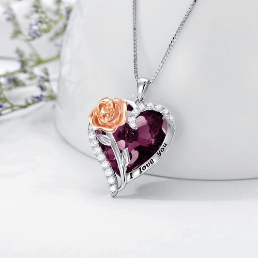 Rose Flower Birthstone Necklace 925 Sterling Silver Heart Crystal Pendant I Love You Jewelry Anniversary Birthday Mothers Day Gifts for Her Mom Wife Girlfriend