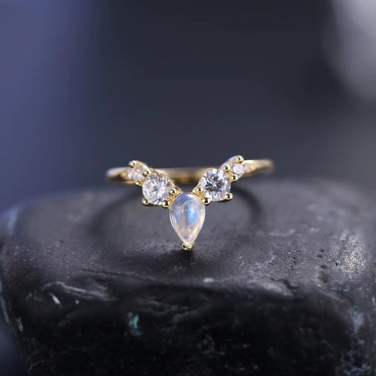 June Birthstone Natural Rainbow Moonstone Wedding Band Rings 925 Sterling Silver V Shape Chevron Gold Ring