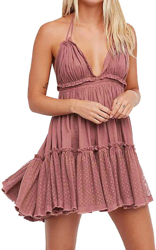 Womens Summer Halter Deep V Neck Sexy Patchwork Mini Short Dresses