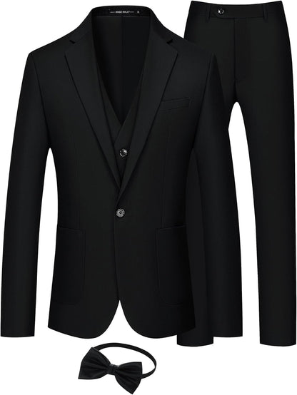 Mens Tuxedo Suit Set 3 Piece Slim Fit Suits Wedding Prom Suits Patch Pockets Blazer Vest Pants Set with Bow Tie