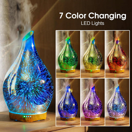 280Ml Essential Oil Diffuser 3D Hand-Blown Glass Aroma Diffusor, Aromatherapy Unltrasonic Cool Mist Deffuser, 7 Color Changing Humidifier, Waterless Shut-Off, Timer Function for Home Office