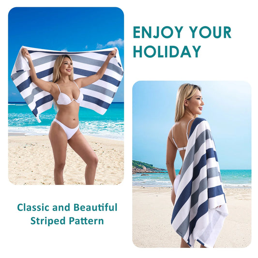 4 Pack Oversized Cabana Stripe Beach Towels, 60X30 Inches Microfiber Lightweight Outdoor Large Swim Towel for Adults (Navy Gray)