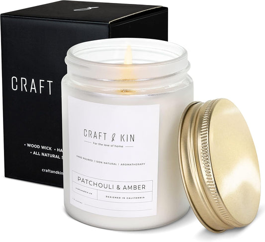 Patchouli & Amber Scented Candle | 8 Oz 45 Hour Long Lasting | Classic Soy Spring Scented Candles Wood Wick | Made with Natural Soy | Gifts for Men and Women