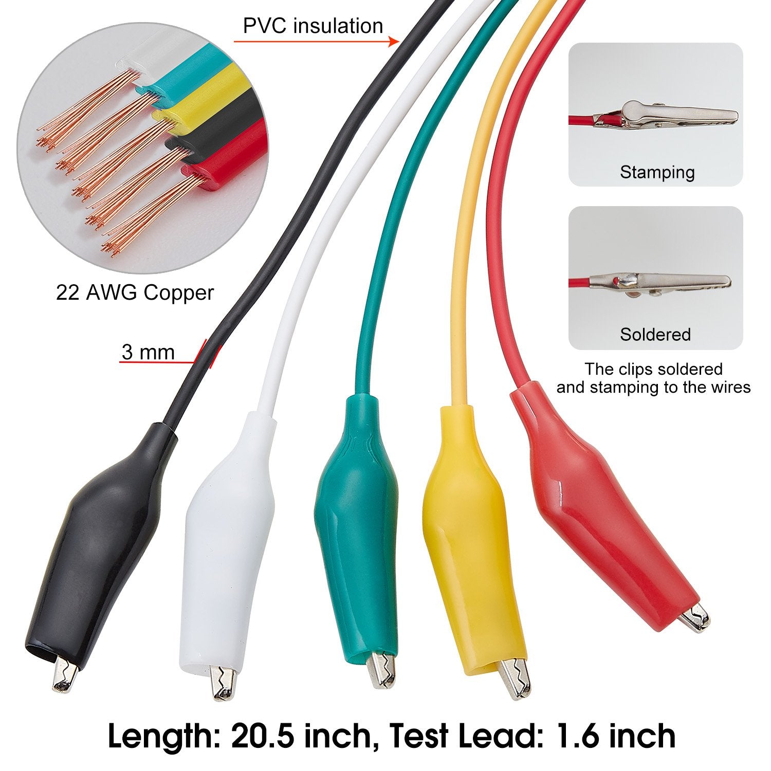 WG-026 10 Pieces and 5 Colors Test Lead Set & Alligator Clips,20.5 Inches / 22 AWG Wire (5 Pack)