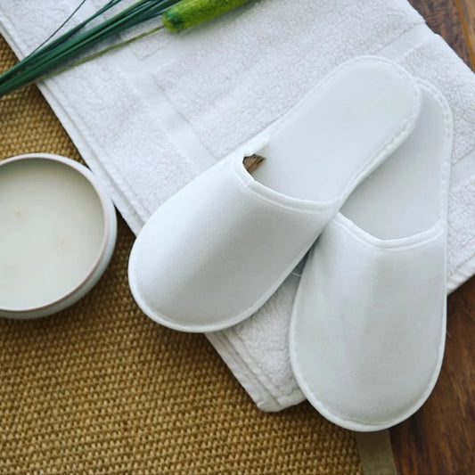 Fabric Packed Terry Cotton Disposable Hotel Slippers for Airbnb Spa Wedding Guests Adult Men Women Size 10-11, White
