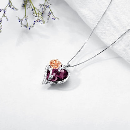 Rose Flower Birthstone Necklace 925 Sterling Silver Heart Crystal Pendant I Love You Jewelry Anniversary Birthday Mothers Day Gifts for Her Mom Wife Girlfriend