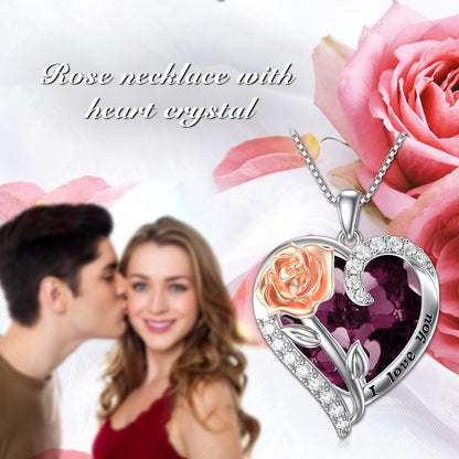 Rose Flower Birthstone Necklace 925 Sterling Silver Heart Crystal Pendant I Love You Jewelry Anniversary Birthday Mothers Day Gifts for Her Mom Wife Girlfriend