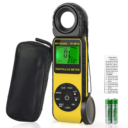 Light Meter Lux Meter YF-881D, Digital Illuminance Meter with Ambient Temp and Lighting Measures to 400,000 Lux, Foot Candle Meter Photometer for Photography LED Plant Growing
