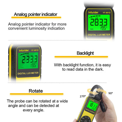 Light Meter Lux Meter YF-881D, Digital Illuminance Meter with Ambient Temp and Lighting Measures to 400,000 Lux, Foot Candle Meter Photometer for Photography LED Plant Growing