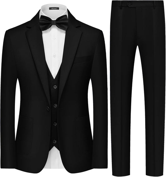 Mens Tuxedo Suit Set 3 Piece Slim Fit Suits Wedding Prom Suits Patch Pockets Blazer Vest Pants Set with Bow Tie