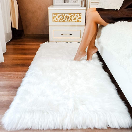 Premium Faux Sheepskin Fur Rug White - 2.3X5 Feet - Best Extra Long Shag Pile Carpet for Bedroom Floor Sofa - Soft Fur Area Rug