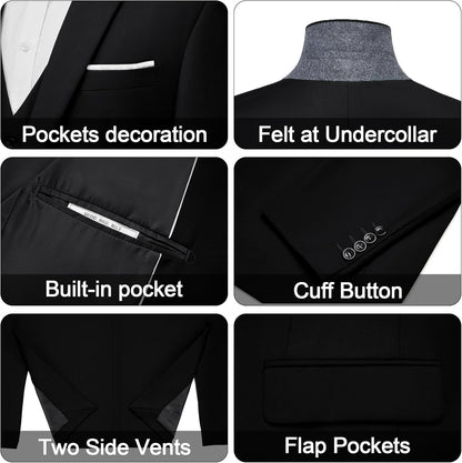 Men'S 3 Pieces Suit Elegant Solid One Button Slim Fit Single Breasted Party Blazer Vest Pants Set