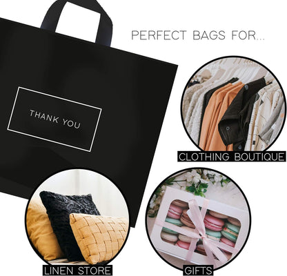 Thank You Bags for Business Black Plastic Bags 50 Pack with Soft Loop Handle Thank You Shopping Bags